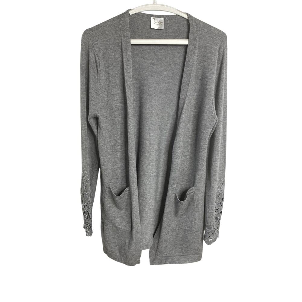 Siren Lily Women's Petite Small Open Front Cardigan Gray Pockets Office